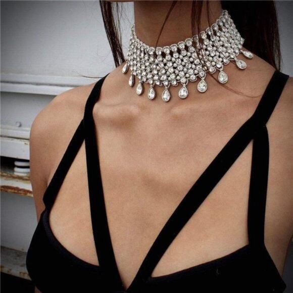 Silver Boho Crystal Rhinestone Choker Statement Necklace Chunky Tassel Jewelry - Picture 1 of 4
